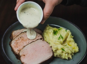 Spice Rubbed Pork Tenderloin with Peppercorn Gravy and Creamy Whipped Mashed Potatoes